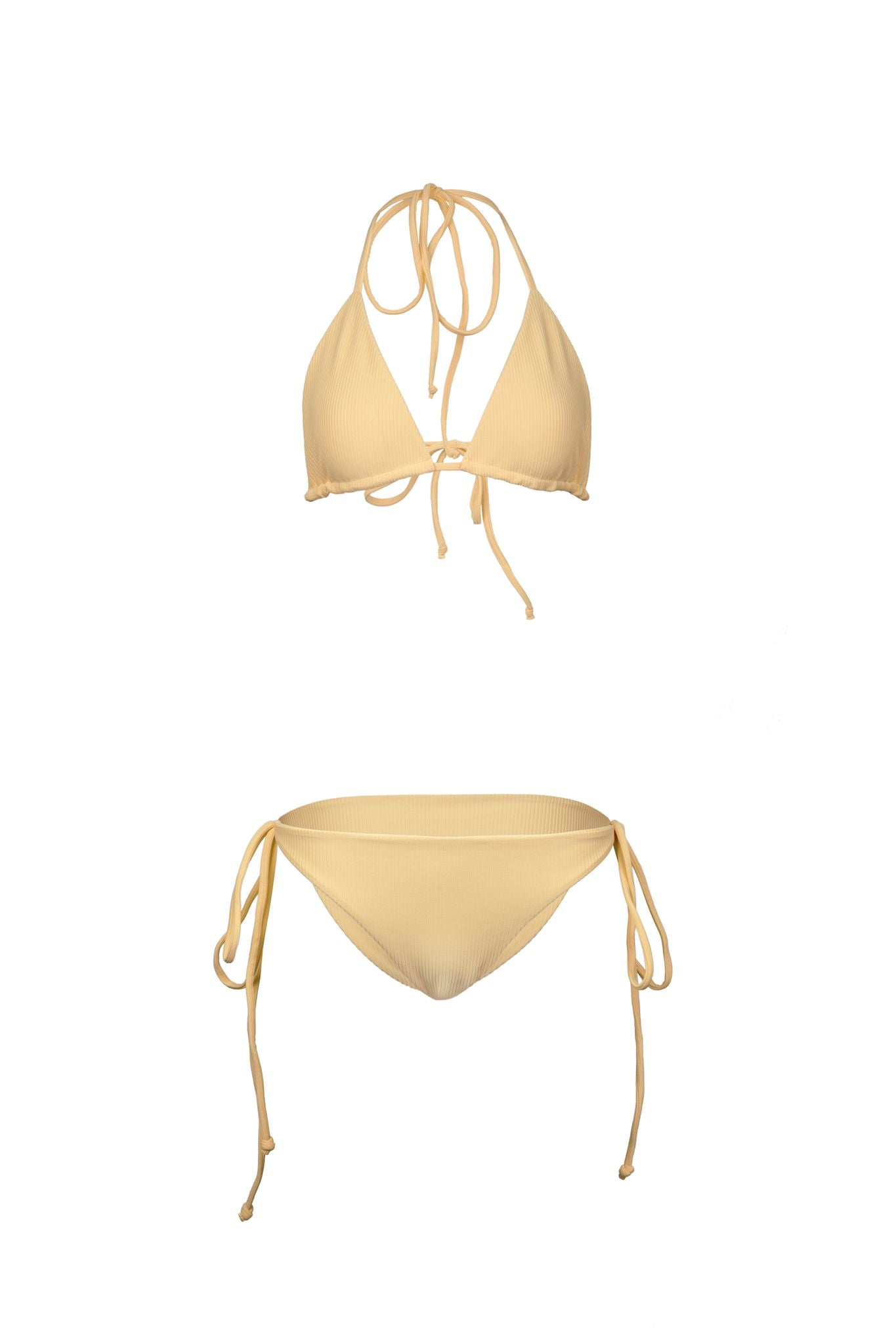 Irresistible must-have high-end swimwear set in eco-friendly rib material. Embrace the chic allure of a classic triangle bikini in vibrant yellow, featuring quick-dry technology and modest coverage for a sexy and fun beach experience.