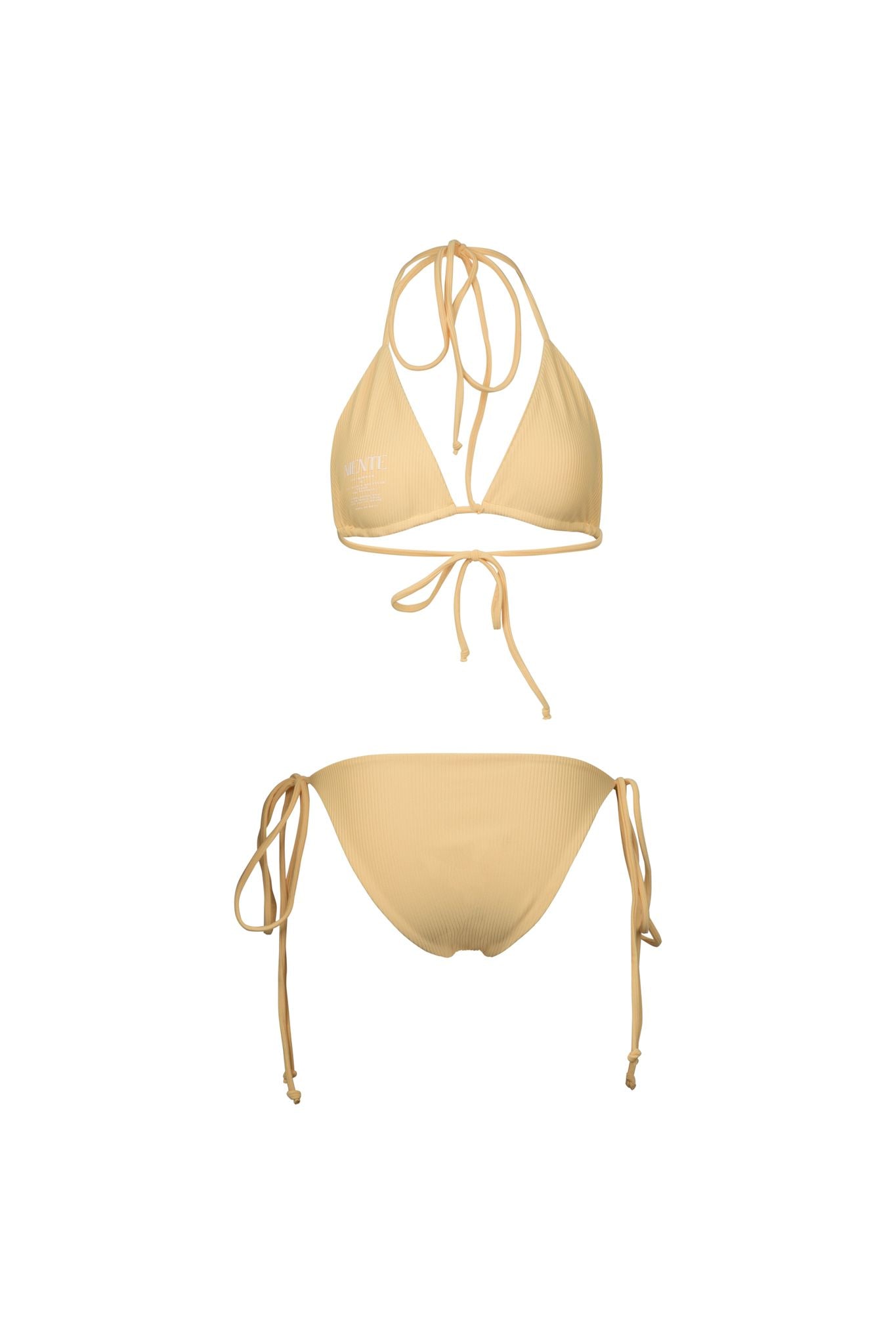 Irresistible must-have high-end swimwear set in eco-friendly rib material. Embrace the chic allure of a classic triangle bikini in vibrant yellow, featuring quick-dry technology and modest coverage for a sexy and fun beach experience.