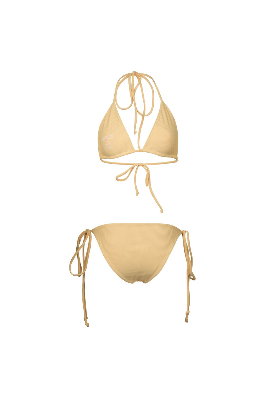 Irresistible must-have high-end swimwear set in eco-friendly rib material. Embrace the chic allure of a classic triangle bikini in vibrant yellow, featuring quick-dry technology and modest coverage for a sexy and fun beach experience.