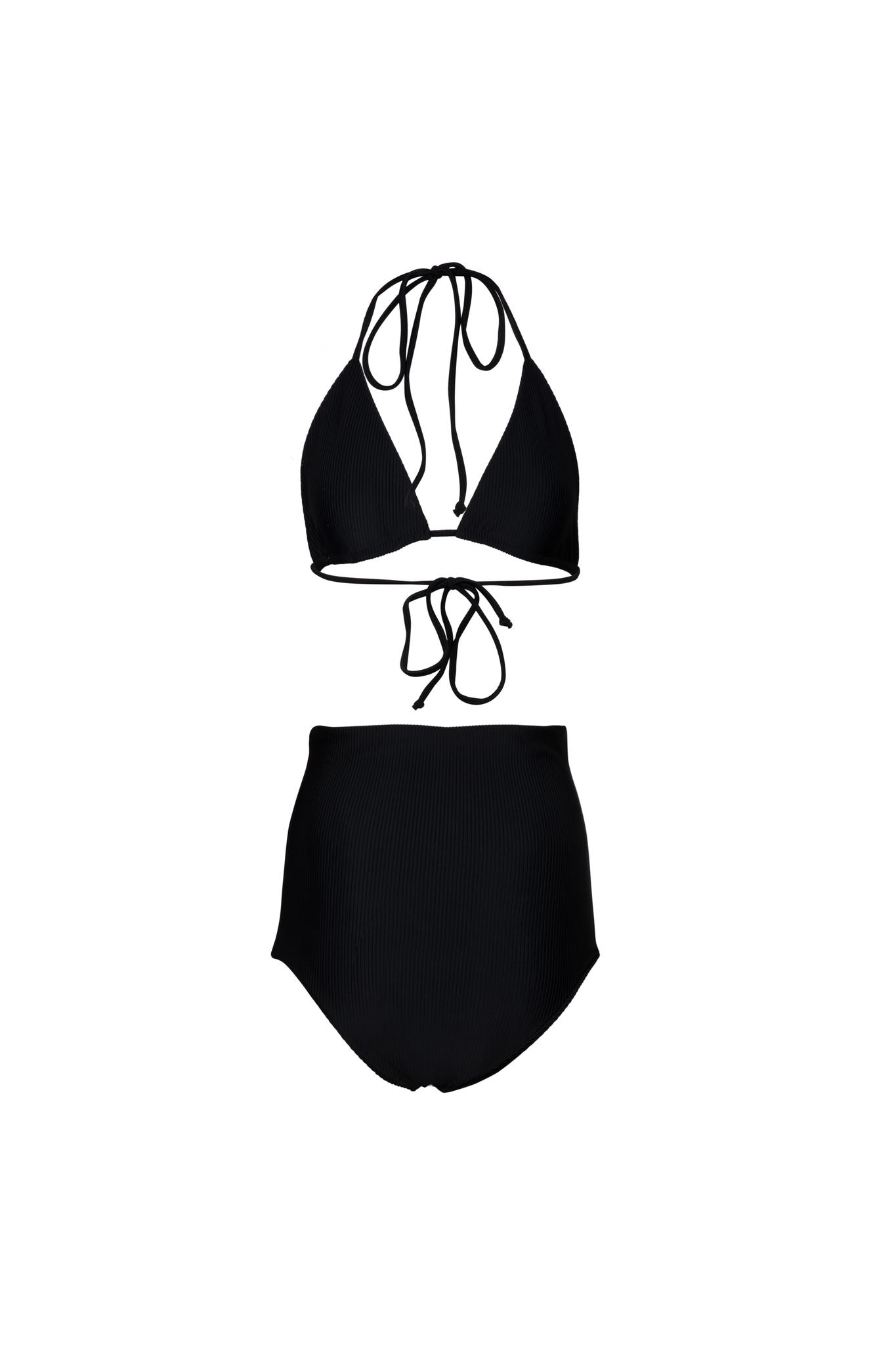 Stylish high-end swimwear set in eco-friendly rib material. Features a chic high-waisted black bikini design, quick-dry technology, and modest coverage for a sexy and fun beach look.