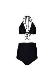 Stylish high-end swimwear set in eco-friendly rib material. Features a chic high-waisted black bikini design, quick-dry technology, and modest coverage for a sexy and fun beach look.