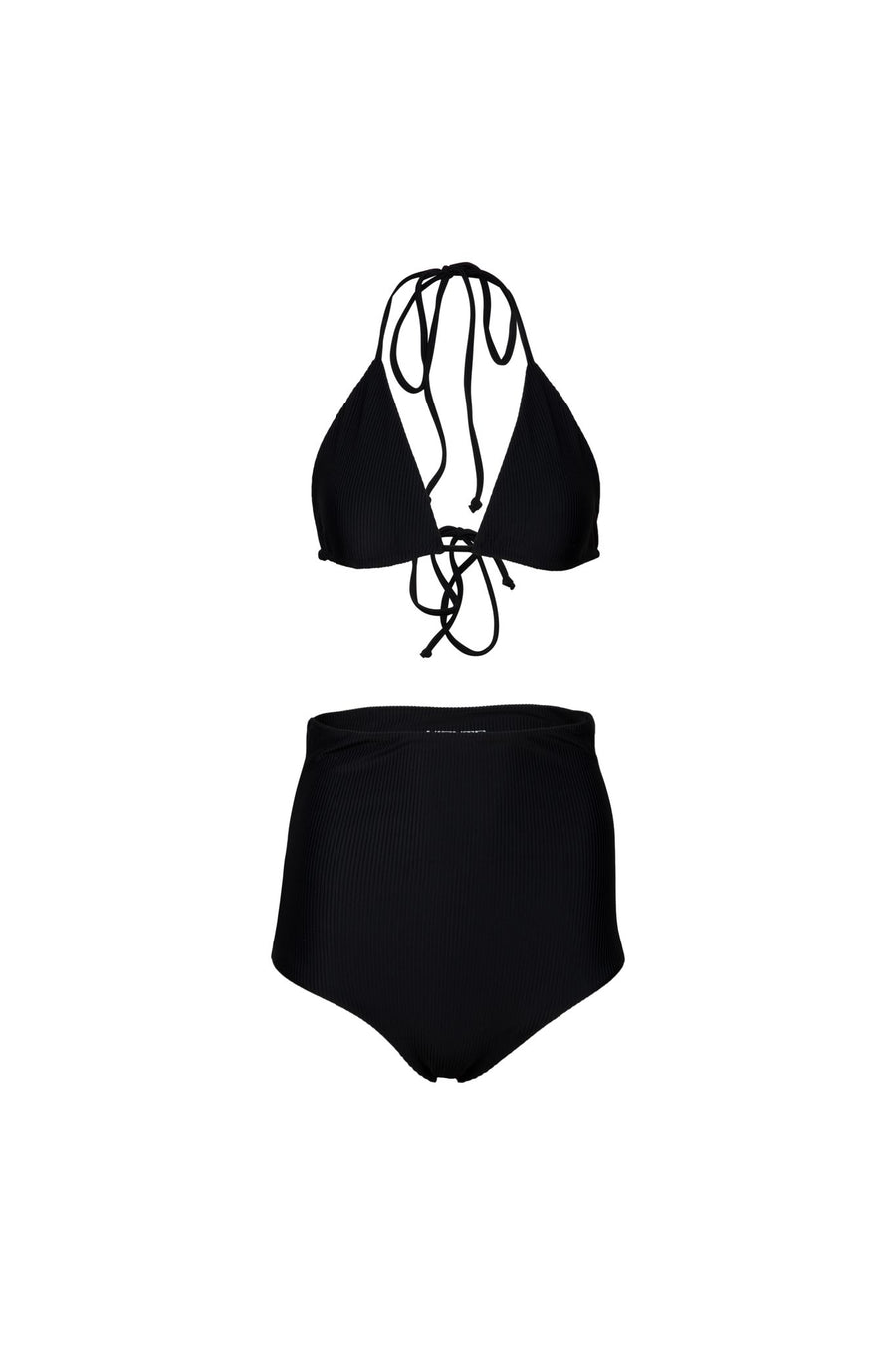 Stylish high-end swimwear set in eco-friendly rib material. Features a chic high-waisted black bikini design, quick-dry technology, and modest coverage for a sexy and fun beach look.